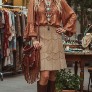 AREA Runway Suede Patchwork Crochet Skirt 16 Tan Designer 70s Y2K Boho